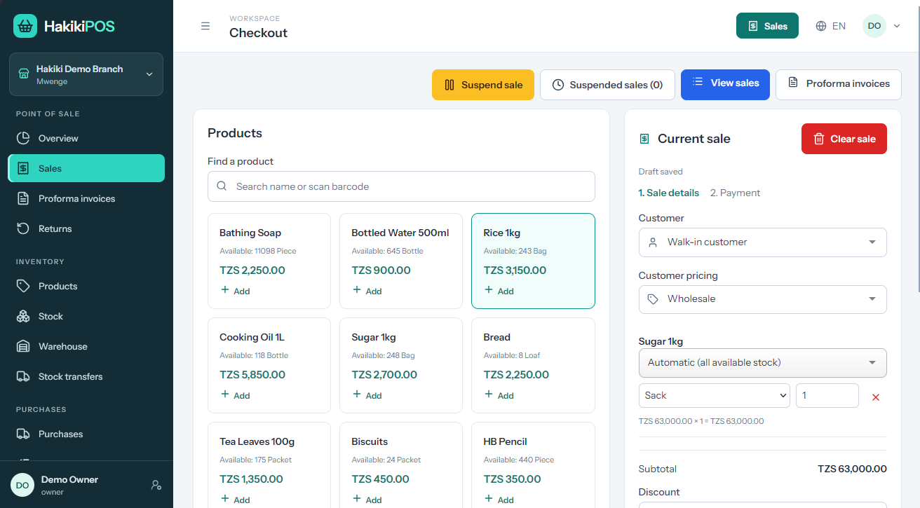 Sales & Checkout — actual HakikiPOS application screenshot with demo data